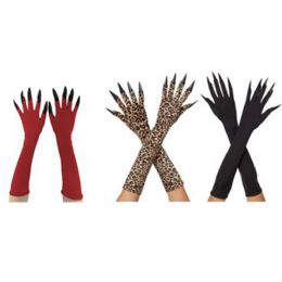36 pieces Halloween Gloves W/finger Nails  Adult Size15.75in L 3 Ast Black/red/leopard Pbh - Halloween