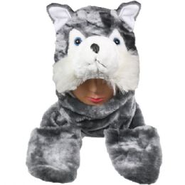 12 pieces Husky Hat With Paw Mittens - Winter Animal Hats