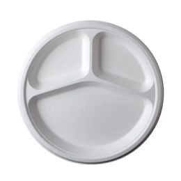 9" 3 Compartment Bagasse Round Plate, 500 Ct. (20 Packs Of 25) - Disposable Plates & Bowls