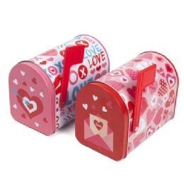 24 pieces Mailbox Shaped Tin 2 Ast Valentine Designs 5x3x3.75 Hinged Lid / Easypeel Label - Valentine Decorations