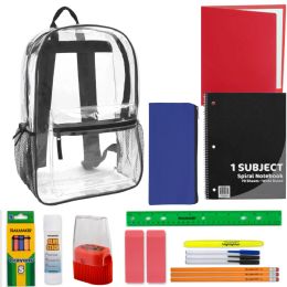 24 of 17" Classic Clear Backpack With 20-Piece School Supply Kit - Black