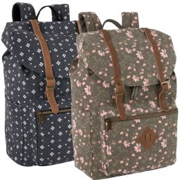 24 pieces 17 Inch Cotton Floral Printed Flap Backpack W Laptop Section - 2 Colors - Backpacks 17"