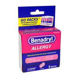 24 pieces Travel Size Benadryl Allergy Go Pack - Box Of 4 Unit Dose Packs Of 2 - Pain and Allergy Relief