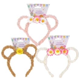 24 pieces Lamb Ear Headband W/ Flowers Accent 3 Asst Colors / Barbell Header Card - Headbands
