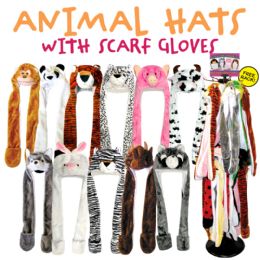 72 pieces 72pc Animal Head Hats With Scarf & Gloves Display Rack - Winter Animal Hats