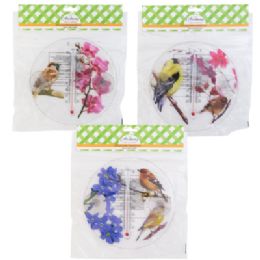 24 Wholesale Thermometer 6.3in Dia Floral/ Bird Print 3 Asst