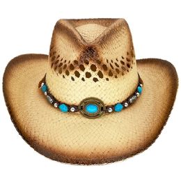 24 of Breathable Raffia Straw Brown Cowboy Hat With Beaded Band