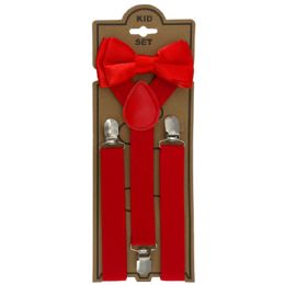 24 of Adjustable Bowtie Suspender Set For Kids Elastic Y-Back Design With Strong Metal Clips Red