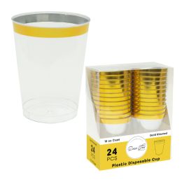 12 pieces Plastic Disposable Cups With Gold Rim 10oz 24pc - Plastic Drinkware