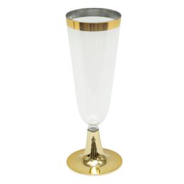 12 pieces Plastic Champagne Flutes With Metallic Trim 6 inch 12pc/pack - Gold - Plastic Drinkware
