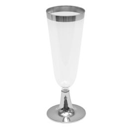 12 pieces Plastic Champagne Flutes With Metallic Trim 6 inch 12pc/pack - Silver - Plastic Drinkware
