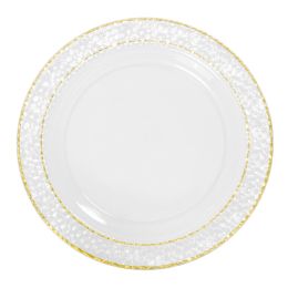 15 pieces Plastic Plate Set With Hammered Double Gold Rim Edge 10 inch - Gold 12pc Pack - Plastic Bowls and Plates