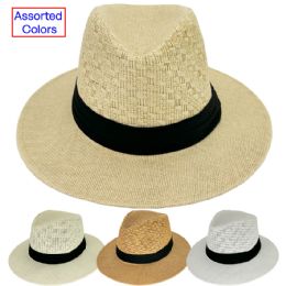 24 of Straw Panama Hats With Plain Black Hatband - Unisex And Assorted Colors