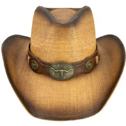 24 Pieces Brown Cowboy Hats With Special Design Leather Band And Bull Buckle - Belt Buckles