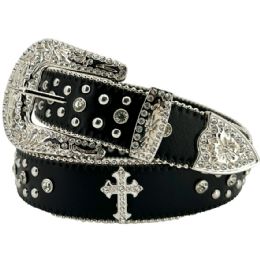 24 of Western Cowgirl Black Rhinestone Belts - Silver Cross