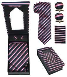 12 pieces Black And Pink Striped Necktie Set - Neckties