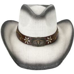 24 of White Western Cowboy Hats - Black Shaded Paper Straw With Bull Style Leather Band