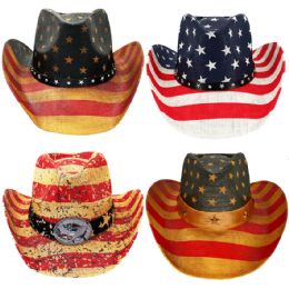 24 of Usa American Flag Patriotic Paper Straw MixeD-Style Western Cowboy Hat