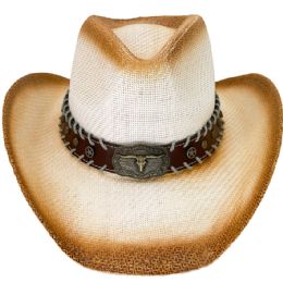 24 of Paper Straw OfF-White Shade Western Cowboy Hat With Bull Laced Band