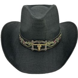 24 of Vintage Black Cowboy Hat With High Quality Bull Buckle And Floral Emroidered Band