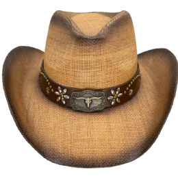 24 of Paper Straw Long Horn Bull Band Brown Cowboy Hat