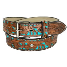 24 Pieces Western Cowboy Belts With Flower Engraved And Rhinestone On Turquoise - Mens Belts