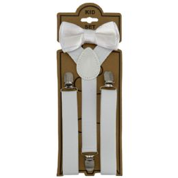 24 of Adjustable Bowtie Suspender Set For Kids Elastic Y-Back Design With Strong Metal Clips White