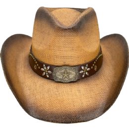 24 of Brown Cowboy Hats Paper Straw Star Band With Flowers Design