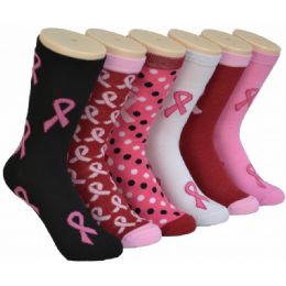 360 Pairs Ladies Crew Socks - 9-11 - Pink Ribbons - Womens Crew Sock