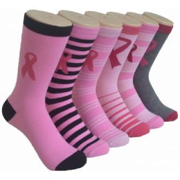 360 Pairs Ladies Crew Socks - 9-11 - Pink Ribbons and Stripes - Womens Crew Sock