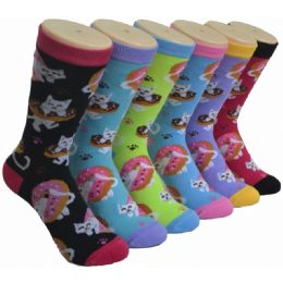 360 Pairs Ladies Crew Socks - 9-11 - Kitten Donut - Womens Crew Sock