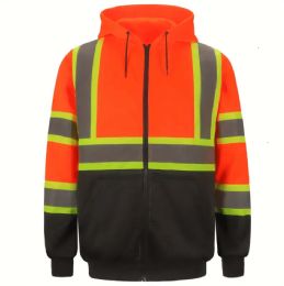 6 Pieces Big Mens Hoodie Hivis Visibility Safety Hooded Zip Sweatshirt Orange - Safety Items