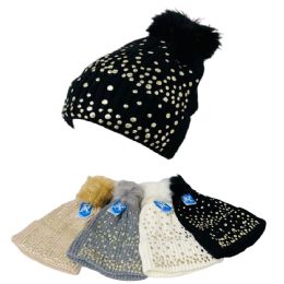 Ladies Knitted Pompom Hat Gold Studs