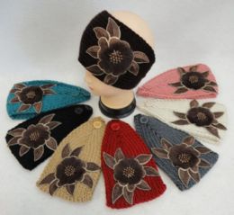 24 pieces Wide Hand Knitted Ear Band W Floral Applique [fur & Beads] - Ear Warmers