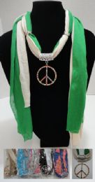 24 pieces Scarf NecklacE-Colored Rhinestone Peace Sign 70" - Womens Fashion Scarves