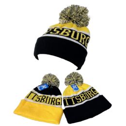 Knitted Hat With Pompom Pittsburgh Wide Stripes