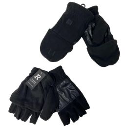 24 pieces Men's Fleece Half Fingerless Gloves With Flip Mitt [black Only] - Ski Gloves