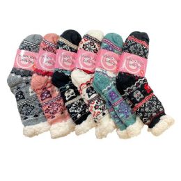 24 pieces PlusH-Lined Non Slip Sherpa Socks [owl] - Womens Fuzzy Socks