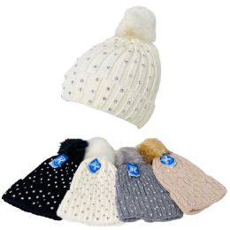 Ladies Knitted Pompom Hat Rhinestones