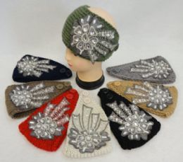 24 pieces Wide Hand Knitted Ear Band W Floral Applique [lace & Gems] - Ear Warmers