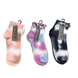 24 pieces Delias Women's Assorted Colors Tie Dye Ankle Socks With Lettuce Edge Top - Womens Ankle Sock