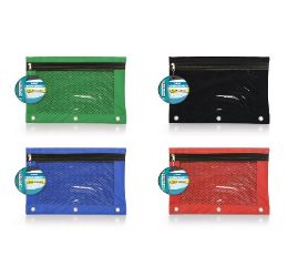 24 pieces 10 inch X 7.5 inch 3 Ring Pencil Pouch, Mesh Window, - Pencil Boxes & Pouches