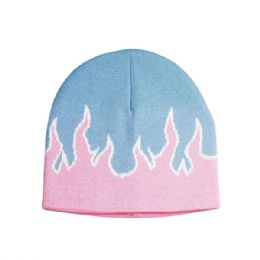 24 Pieces Jaquard Knitted Beanie L.BLUE-PINK - Winter Beanie Hats