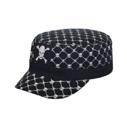 24 Pieces Youth Fitted Army Cap W/Skull Print BLACK-56 - Military Caps