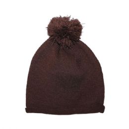 24 Pieces Beanie W/Pom Pom BROWN - Winter Beanie Hats