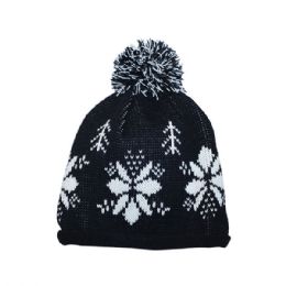 24 pieces Jaquard Knitted Beanie BLACK - Winter Beanie Hats
