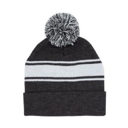 24 pieces Striped Pom Cuff Beanie H.CHARC-White - Winter Beanie Hats