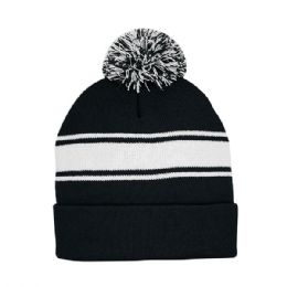 24 pieces Striped Pom Cuff Beanie Black-White - Winter Beanie Hats