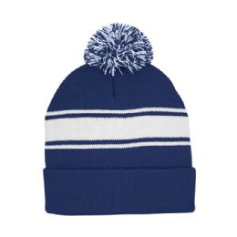 24 pieces Striped Pom Cuff Beanie BLUE-White - Winter Beanie Hats