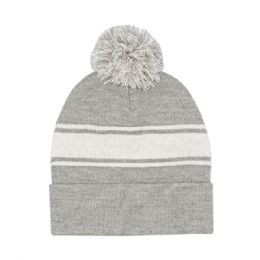 24 pieces Striped Pom Cuff Beanie H.GREY-White - Winter Beanie Hats